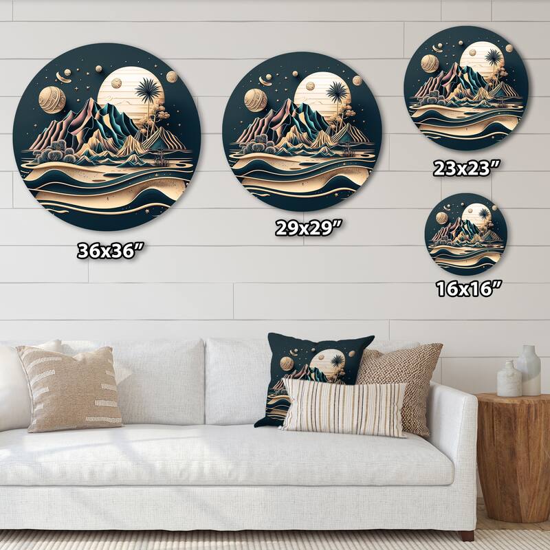 Designart "Gold Metallic Beach View I" Minimalism Landscape Metal Round